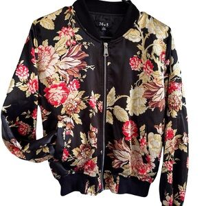 Satin floral jacket, bomber style- Black and Red woman’s sz M